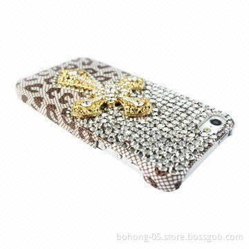 Cases for iPhone 5, made of PC, slot post solid leather drill (gray leopard grain)